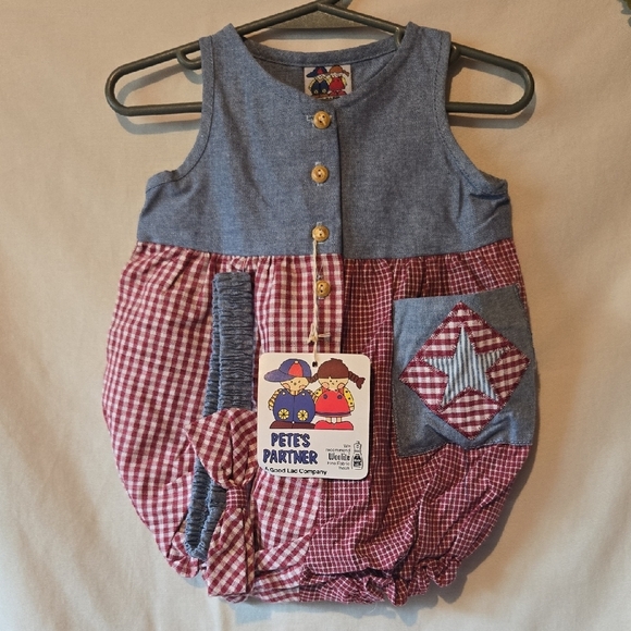 Pete's Partner Vintage Red Gingham and Blue Denim Romper With Headband 6-9mos - Picture 1 of 7